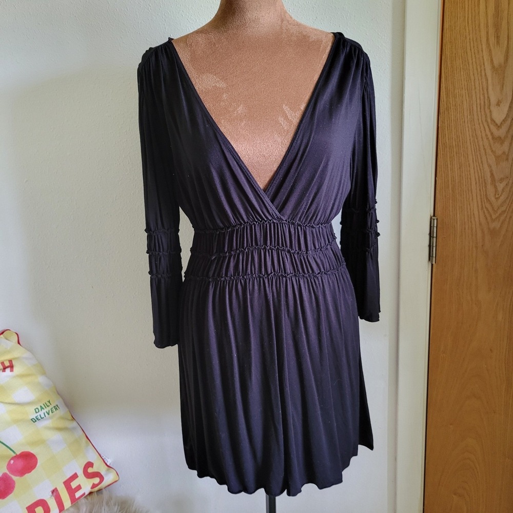 Unbranded Black Smocked Waist V-Neck‎ Mini Dress Long Bell Sleeve Jersey Knit
